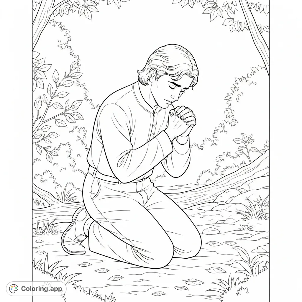 Discover the profound moment of Joseph Smith seeking divine wisdom, kneeling humbly in a serene grove. A powerful religious coloring page for reflection.