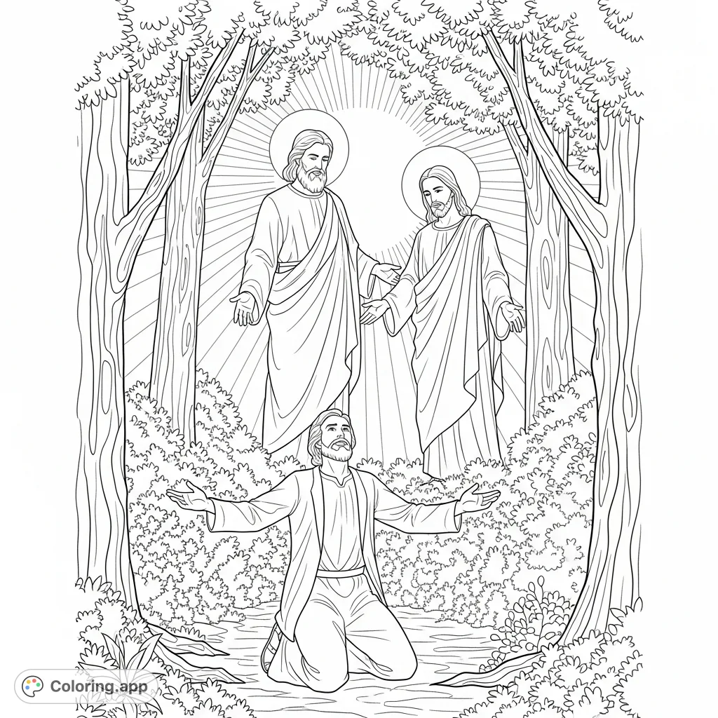 Witness Joseph Smith's profound encounter with the Father and His Son Jesus Christ in a sacred grove. A free printable religious coloring page.