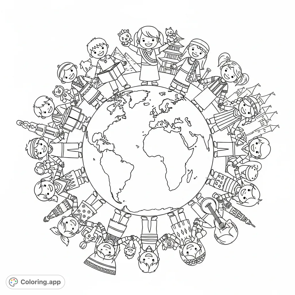 A heartwarming global children sharing coloring page. Diverse kids from around the world share toys, books, and laughter, fostering unity.
