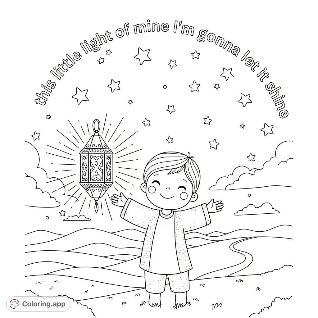 A heartwarming coloring page featuring a child holding a radiating lantern under a starry sky, with the inspiring message "this little light of mine i'm gonna let it shine".