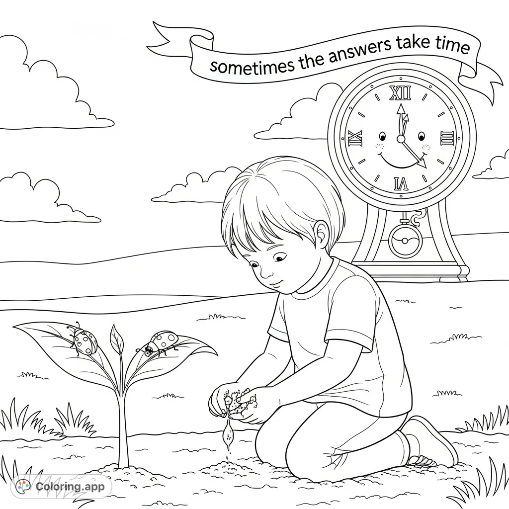 A heartwarming coloring page featuring a child planting seeds and learning patience from nature, with a gentle reminder that answers take time. Perfect for young learners.