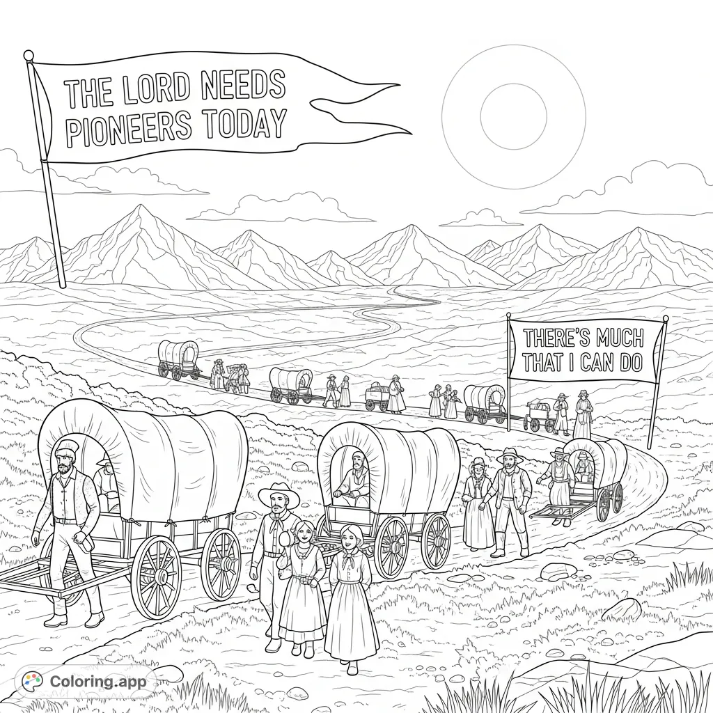 Inspiring pioneer journey coloring page featuring wagons, families, and uplifting text. "The Lord Needs Pioneers Today, There's Much That I Can Do" for all ages.