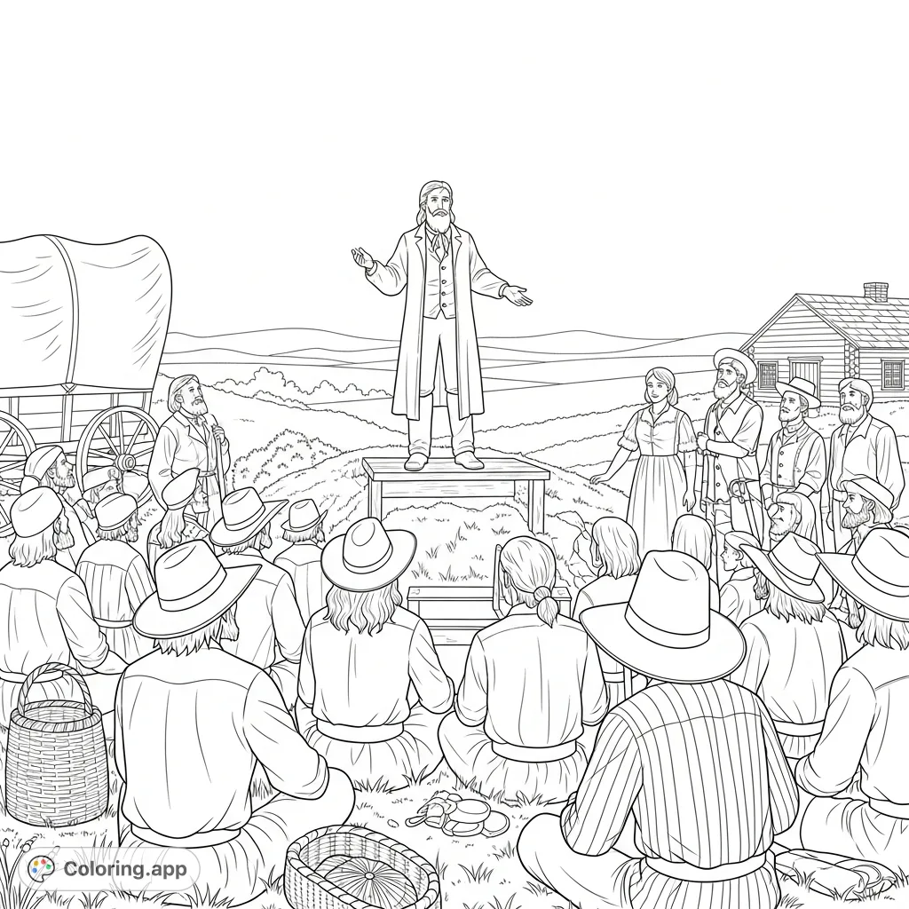 A detailed pioneer and prophet coloring page. Pioneers in historical attire attentively listen to a prophet in a frontier setting with wagons and cabins.