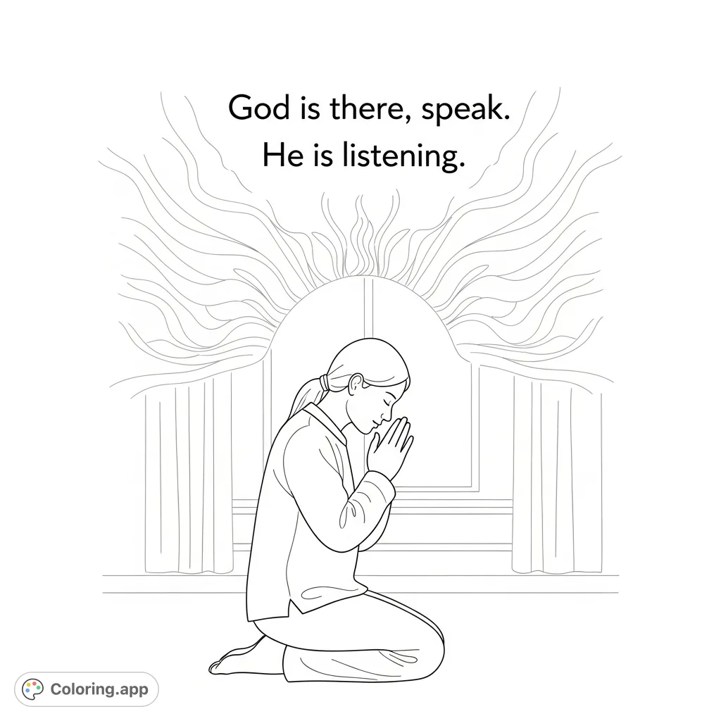 Find peace with this spiritual coloring page featuring a person in prayer, surrounded by divine presence and the reassuring words, "God is there, speak. He is listening."