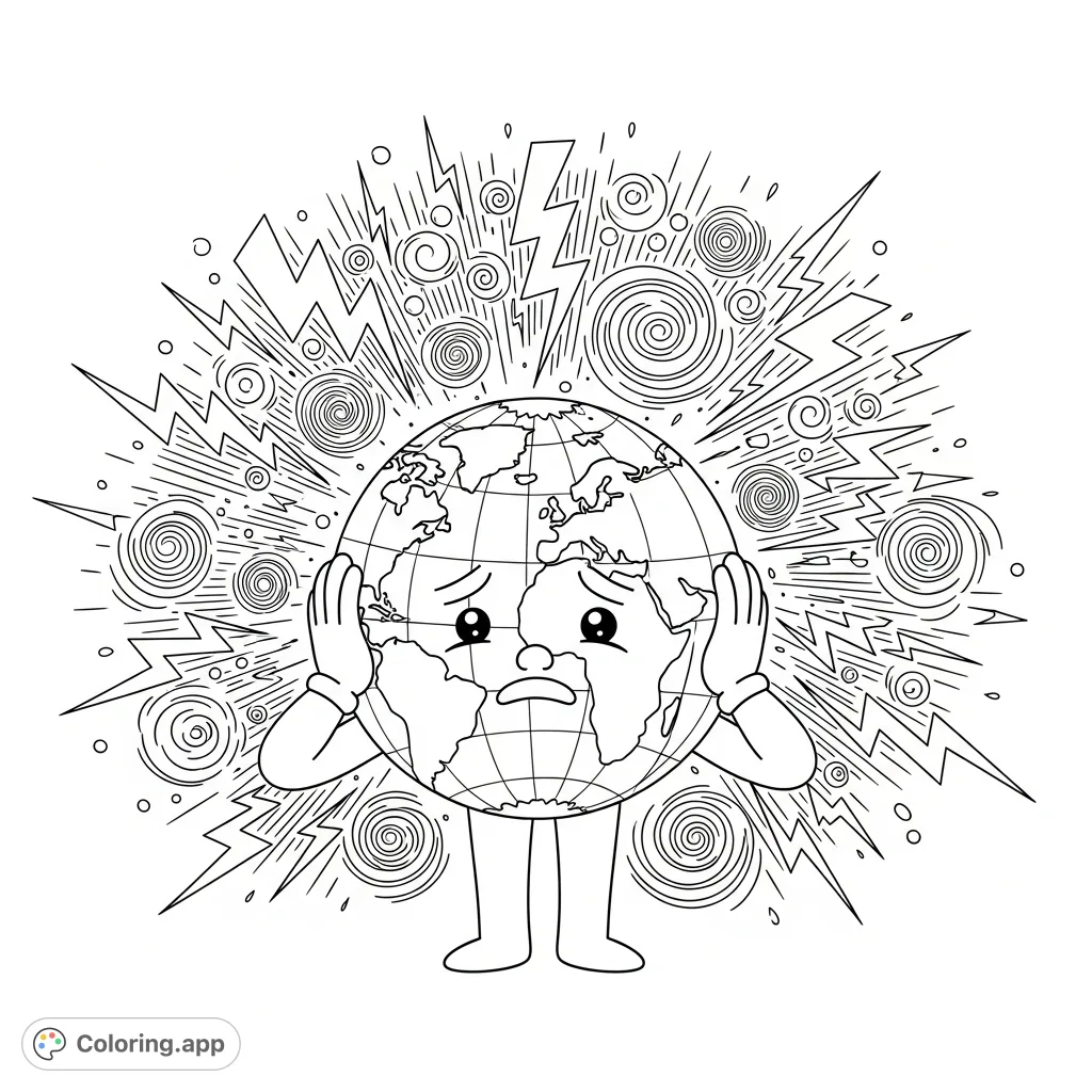 Escape the world's clamor with this unique coloring page featuring a childlike globe covering its ears amidst abstract sound shapes. A peaceful and mindful design.