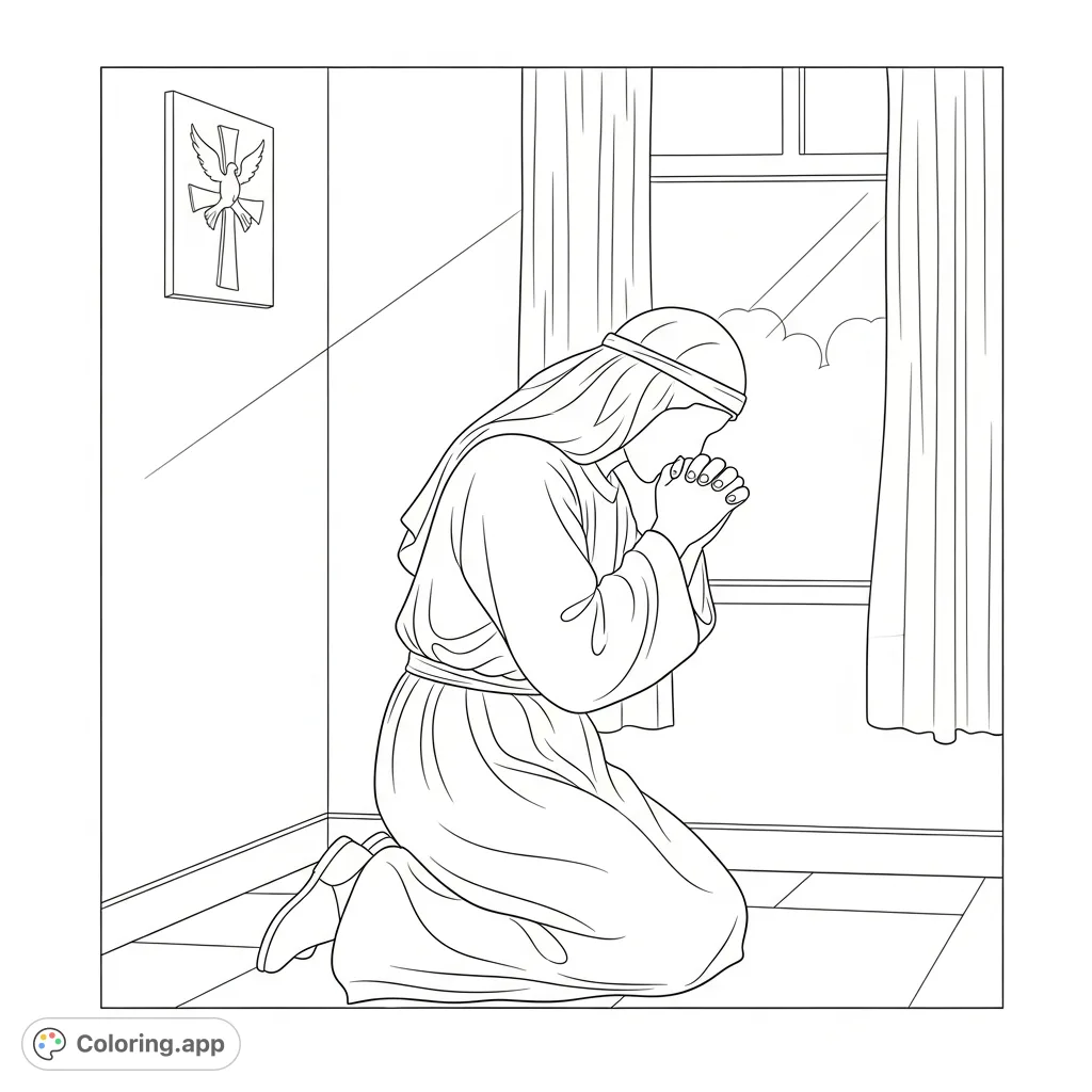 A serene prayer coloring page depicting a figure kneeling in quiet devotion, fostering peace and mindfulness. Perfect for spiritual reflection and relaxation.