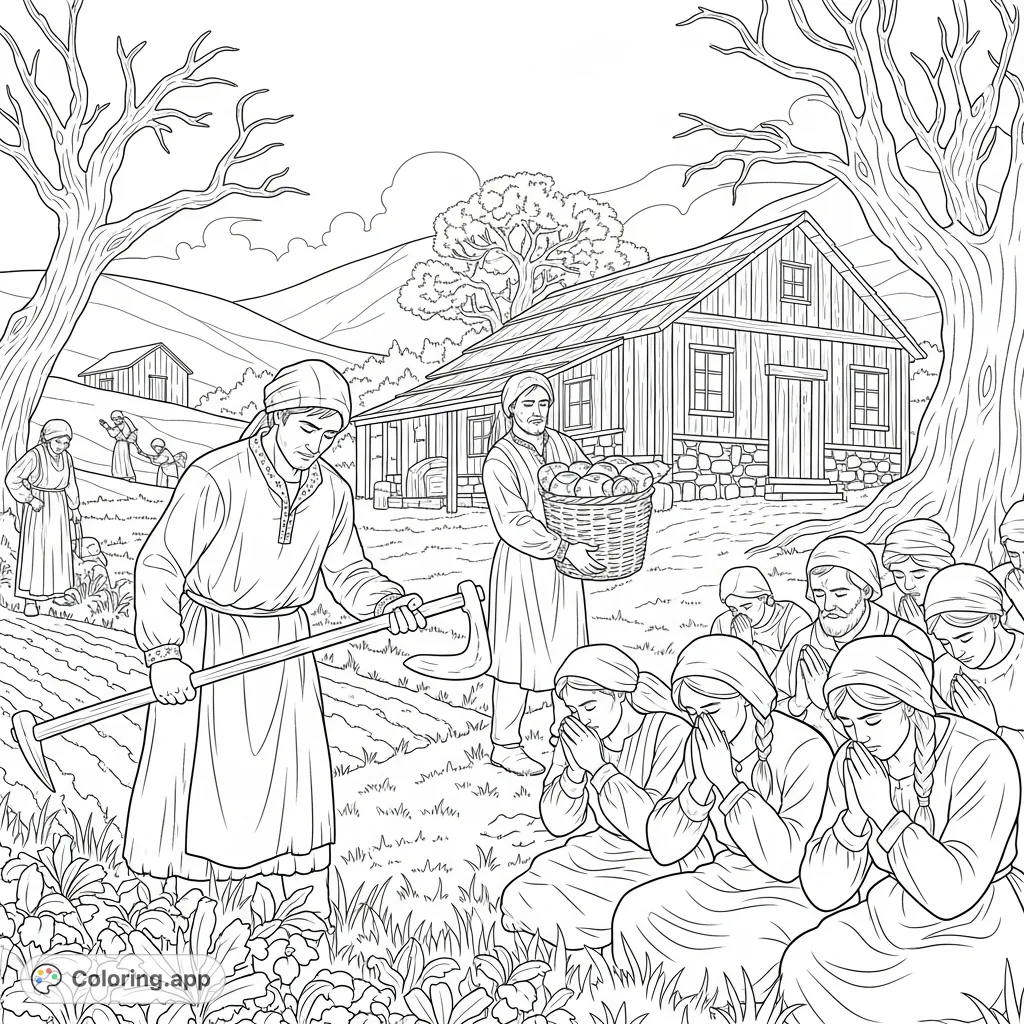 Explore a poignant scene of hard work and solemn prayer in a rustic setting. This historical theme coloring page captures unity during hardship.