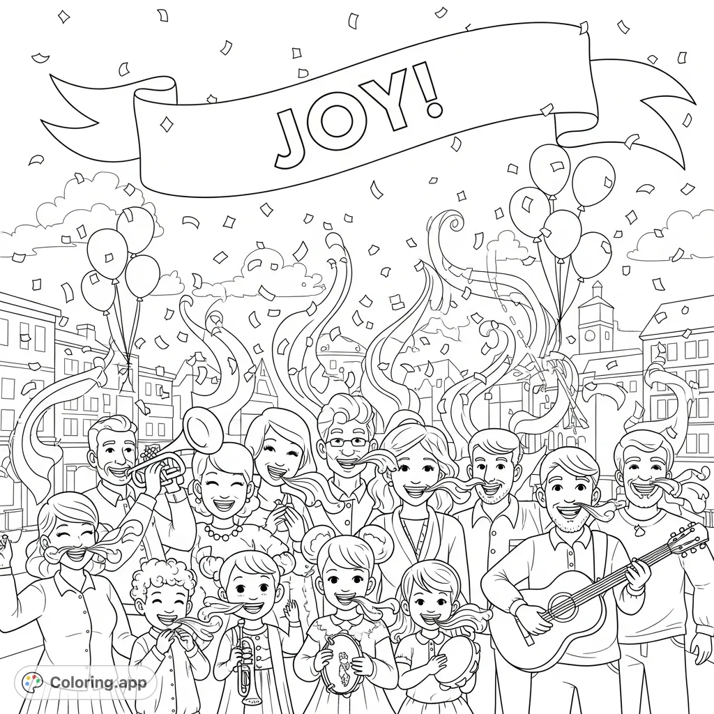 A delightful free printable coloring page depicting a vibrant community celebrating with music and smiles. Features happy voices, instruments, and a 'JOY!' banner.