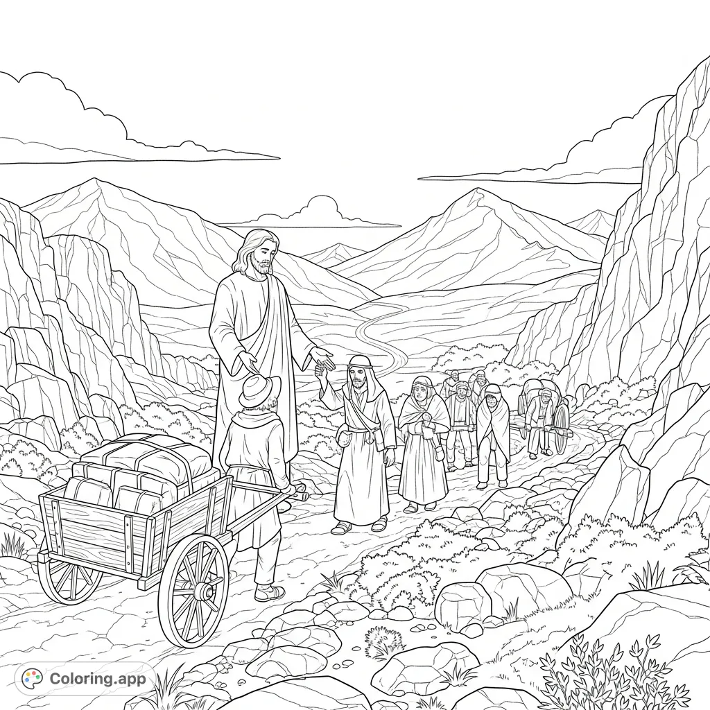 An inspiring pioneers coloring page depicting Jesus Christ offering solace and guidance to a group of resilient pioneers on their challenging journey through a rugged landscape.