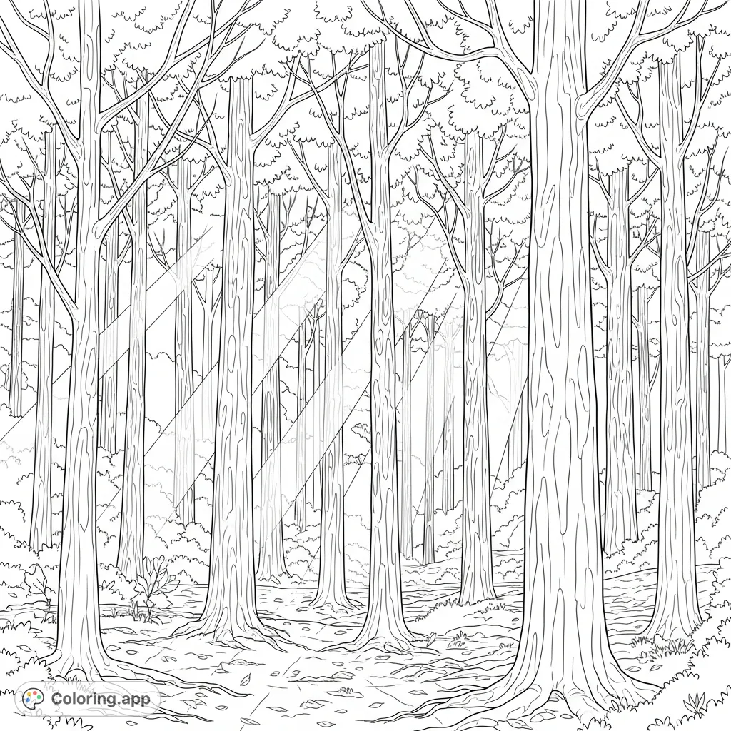 Explore a serene woodland grove coloring page where shafts of light penetrate a dense canopy, creating a beautiful play of light and shadow. A tranquil forest awaits your creative touch.