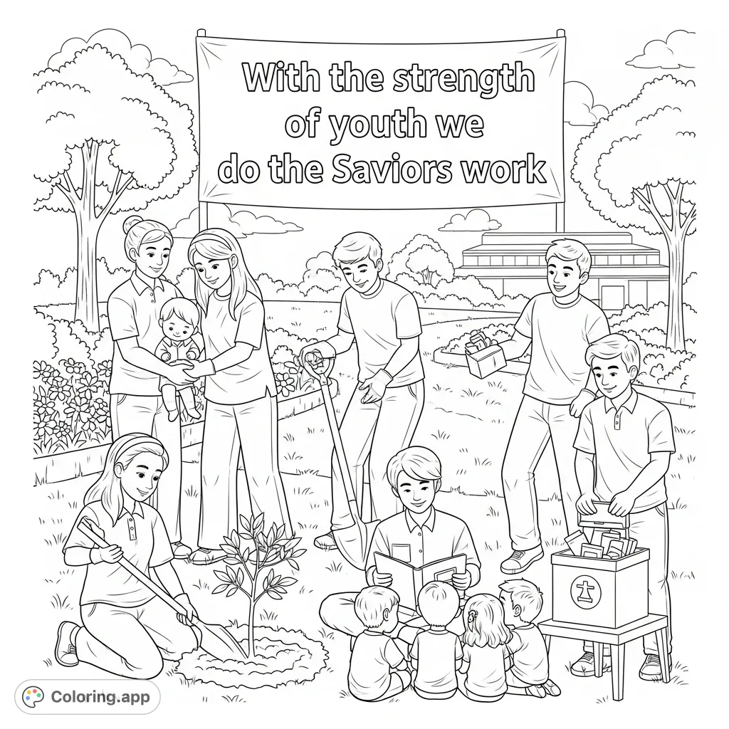 An uplifting coloring page showing diverse youth actively engaged in community service, embodying 'the Savior's work' with strength and purpose, ideal for inspiration.