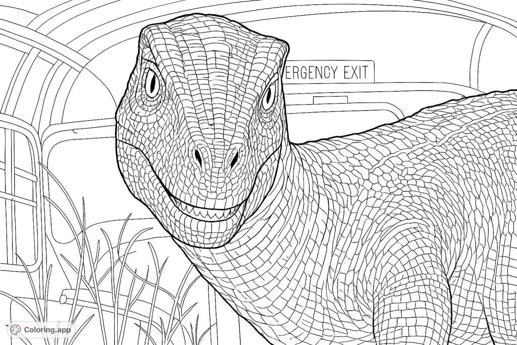 An intense close-up of a dinosaur's head and upper body inside a vehicle, featuring detailed scales and a watchful gaze. A thrilling prehistoric scene.