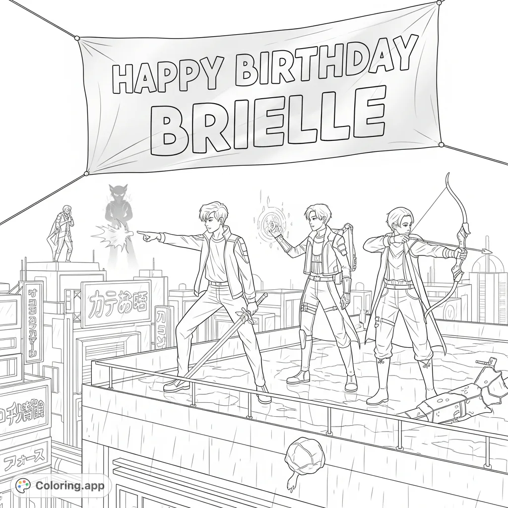 Unleash your creativity with this K-pop demon hunter coloring page, featuring a dynamic trio on a rain-slicked rooftop overlooking a futuristic city.