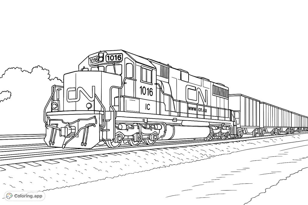 Embark on a railway adventure with this mighty freight train coloring page. Features a powerful locomotive and long cargo cars on tracks, ready for your creative touch.
