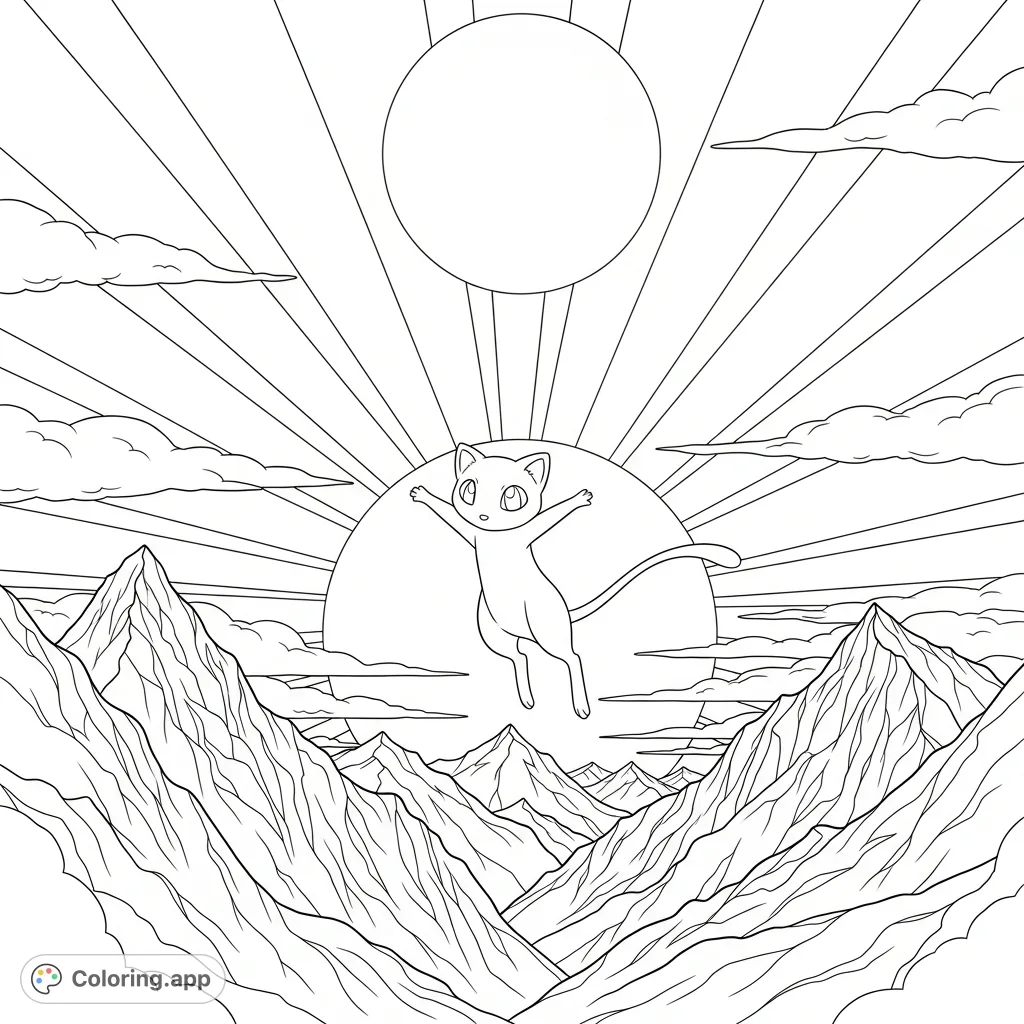A majestic Mew floats above rugged mountains, striking a graceful pose with a large celestial orb on the horizon. An ethereal Pokémon coloring page for fans of all ages.