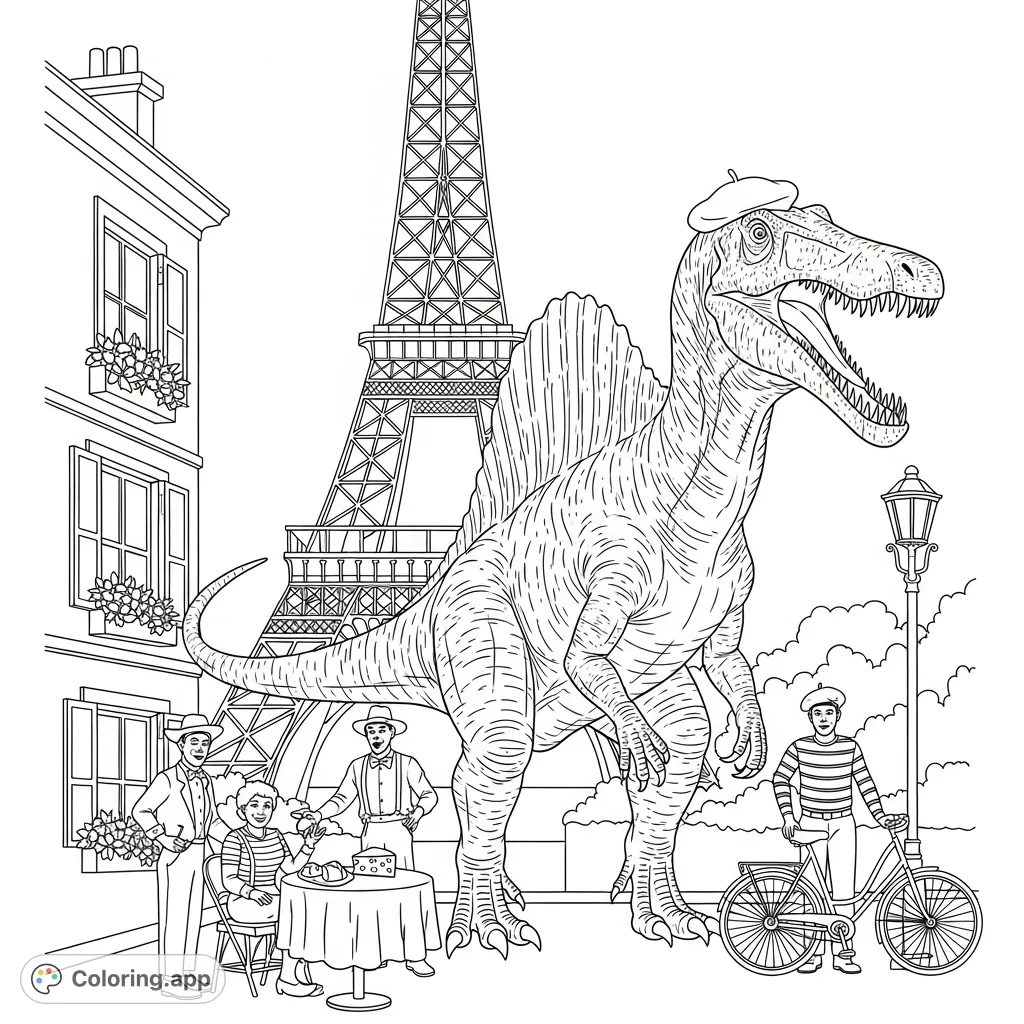 A colossal Spinosaurus dominates a charming Parisian street scene, with the majestic Eiffel Tower rising behind it, surrounded by classic French elements.