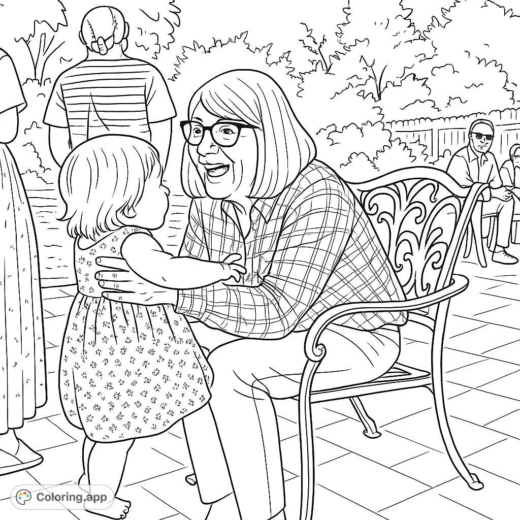 Capture a tender family moment with a grandmother and child sharing laughter by the pool. A detailed scene perfect for expressing warmth and connection.