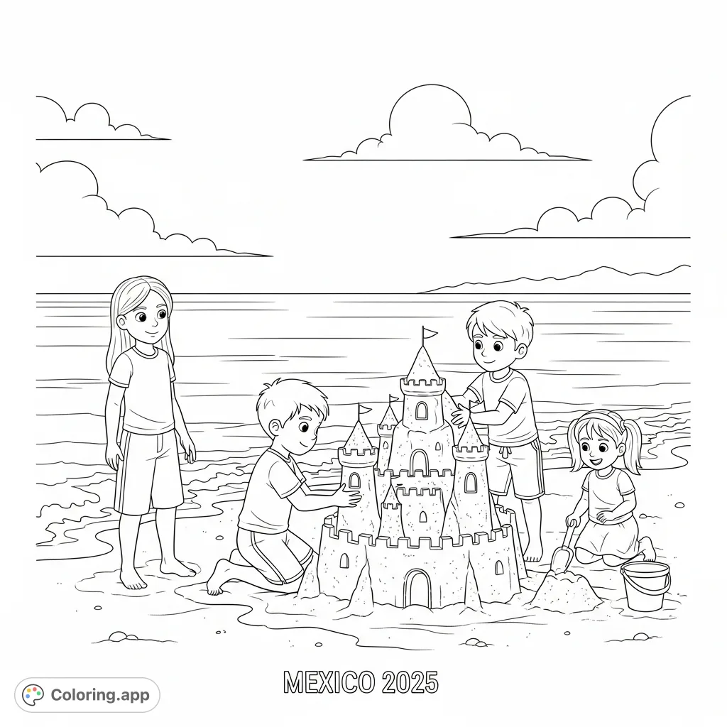 Four children, Ellie, Kendrick, Mason, and Sawyer, enjoy a tropical beach, building a sandcastle and playing by gentle waves under a vast sky. Titled 'Mexico 2025'.