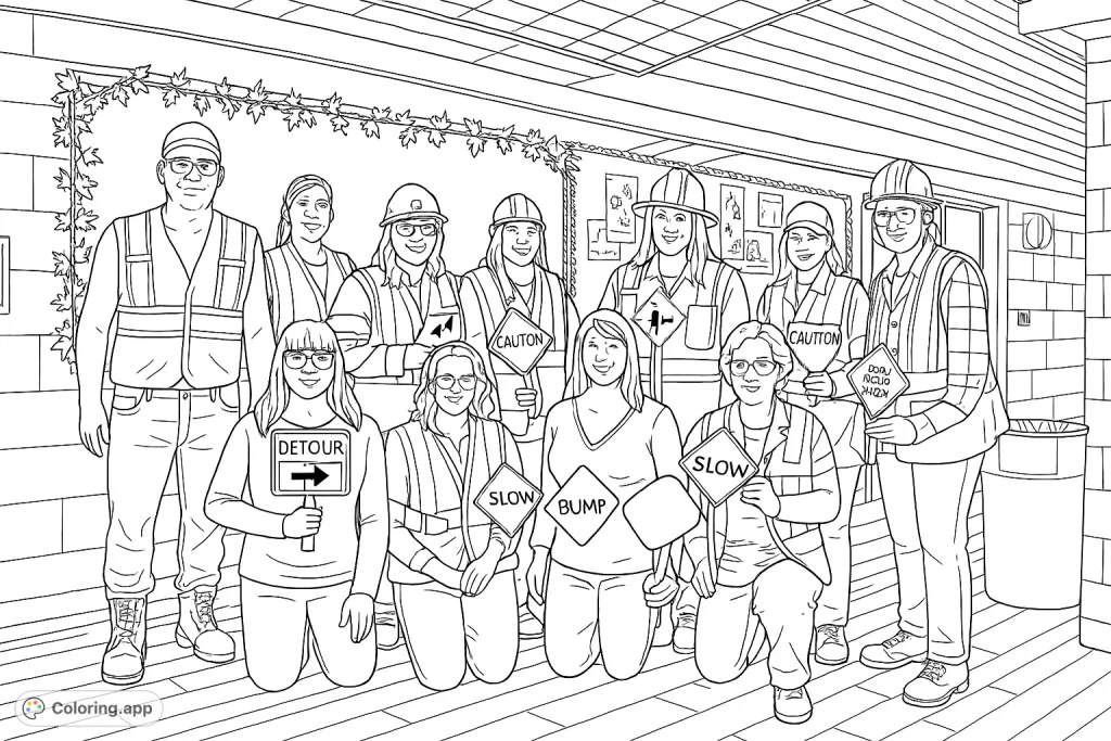 A cheerful group of road safety workers and construction crew members, ready to guide traffic and ensure safety. Perfect for community helper themes!