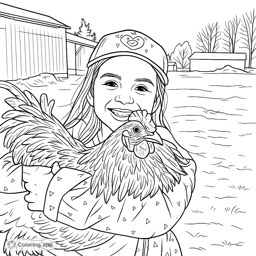 A heartwarming farm scene featuring a smiling child gently holding a fluffy chicken. Perfect for animal lovers and farm life enthusiasts.