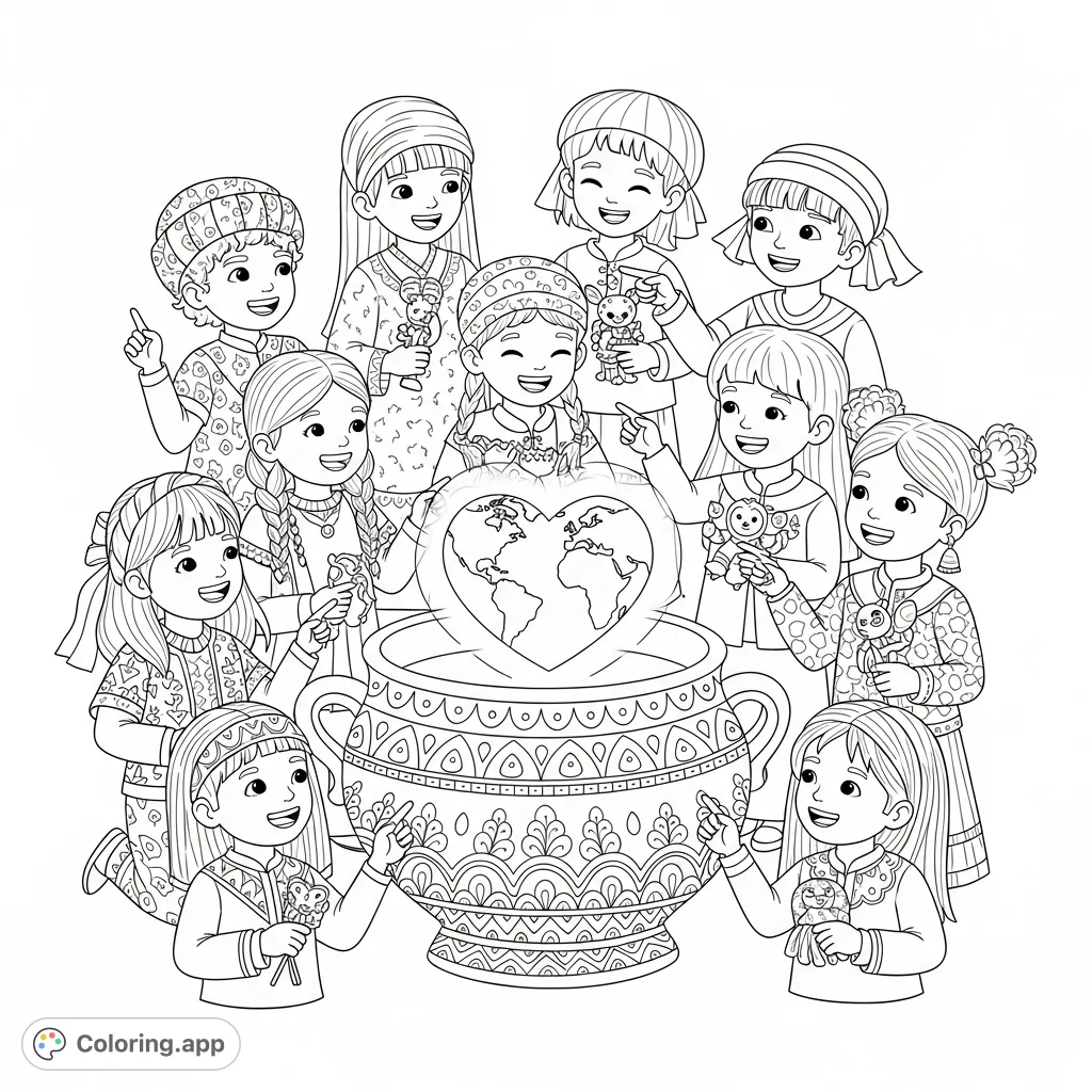 A heartwarming cultural diversity coloring page featuring children in traditional attire around a glowing Earth in a melting pot, celebrating friendship and unity.