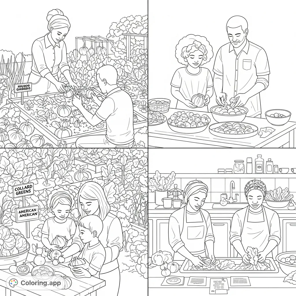 Explore a lively community garden where families harvest fresh produce and prepare meals in an outdoor kitchen. Features "Collard Greens" and "Apple Pie" labels.