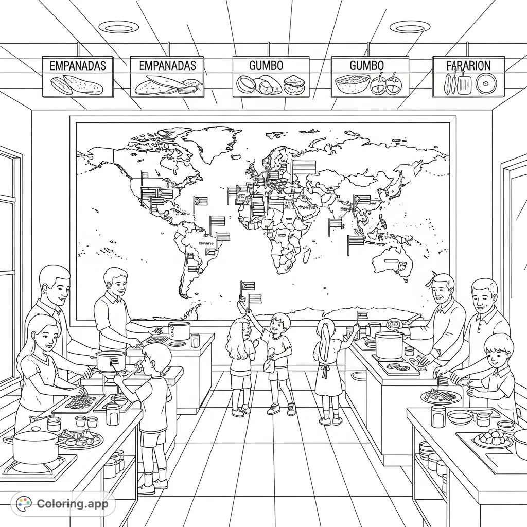 Explore world cuisine with this detailed coloring page featuring a community kitchen, diverse families, a world map, and delicious dishes like Empanadas and Gumbo.