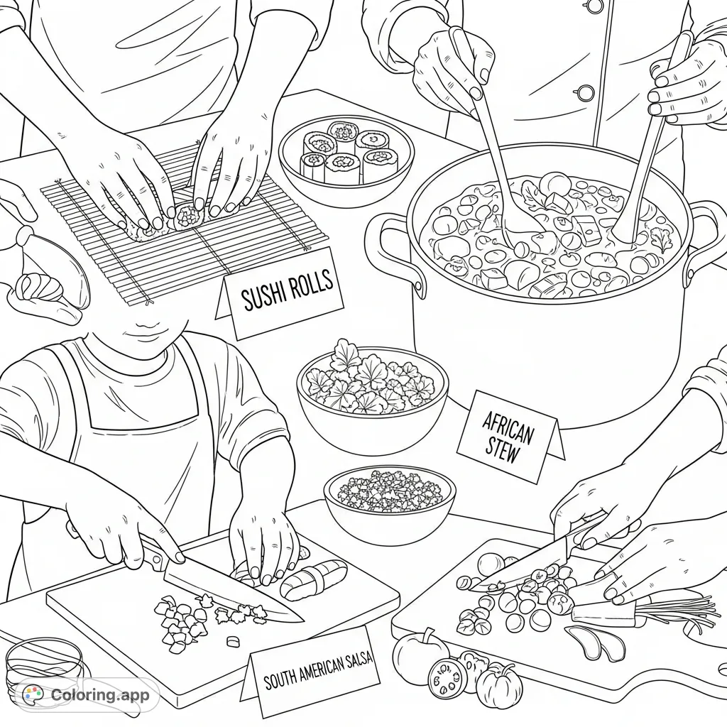 Explore a vibrant kitchen scene featuring diverse hands preparing global dishes like sushi, African stew, and salsa. A cultural culinary adventure awaits!