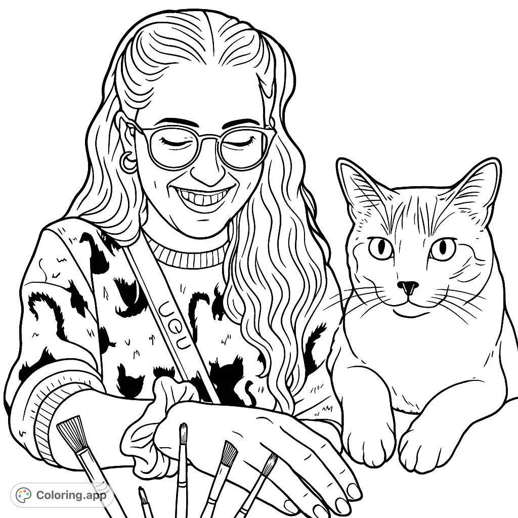 A delightful coloring page featuring a smiling woman with glasses, wearing a patterned sweater, alongside her attentive cat, surrounded by art supplies.