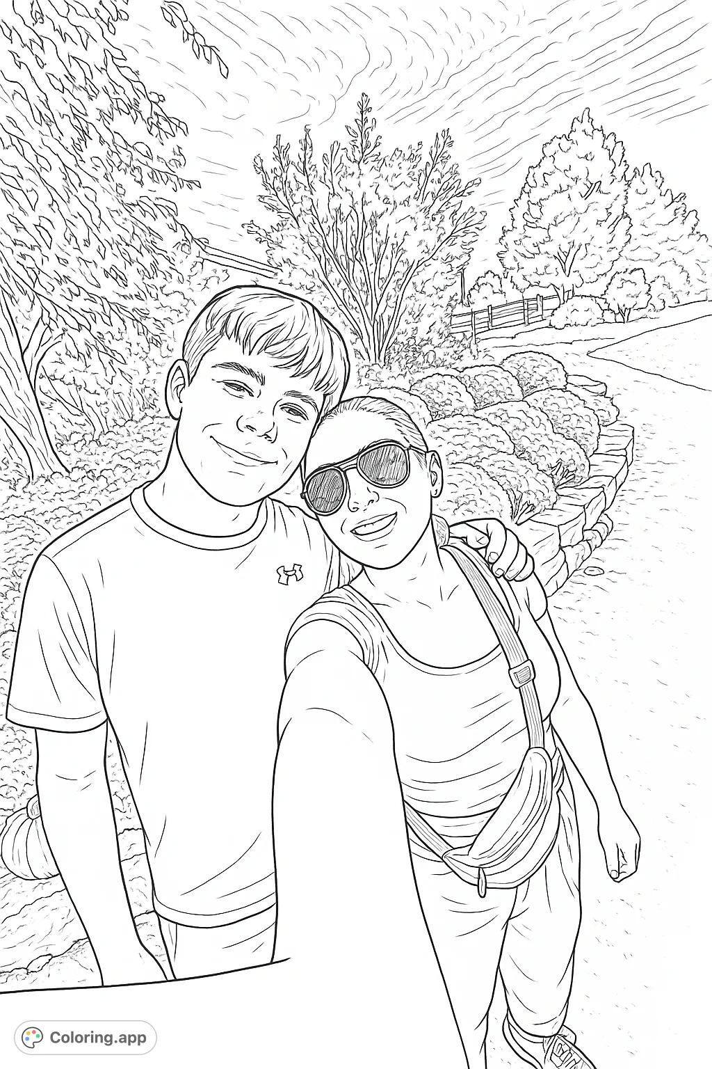 A heartwarming scene of two friends taking a selfie amidst a vibrant flower garden, with a pumpkin nearby and a cloudy sky above. Perfect for a relaxing coloring session.