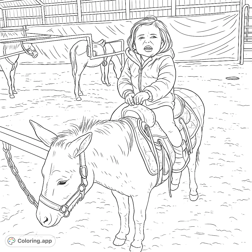 A heartwarming scene of a young child enjoying their first pony ride on a gentle equine. Perfect for little adventurers and animal lovers to color.