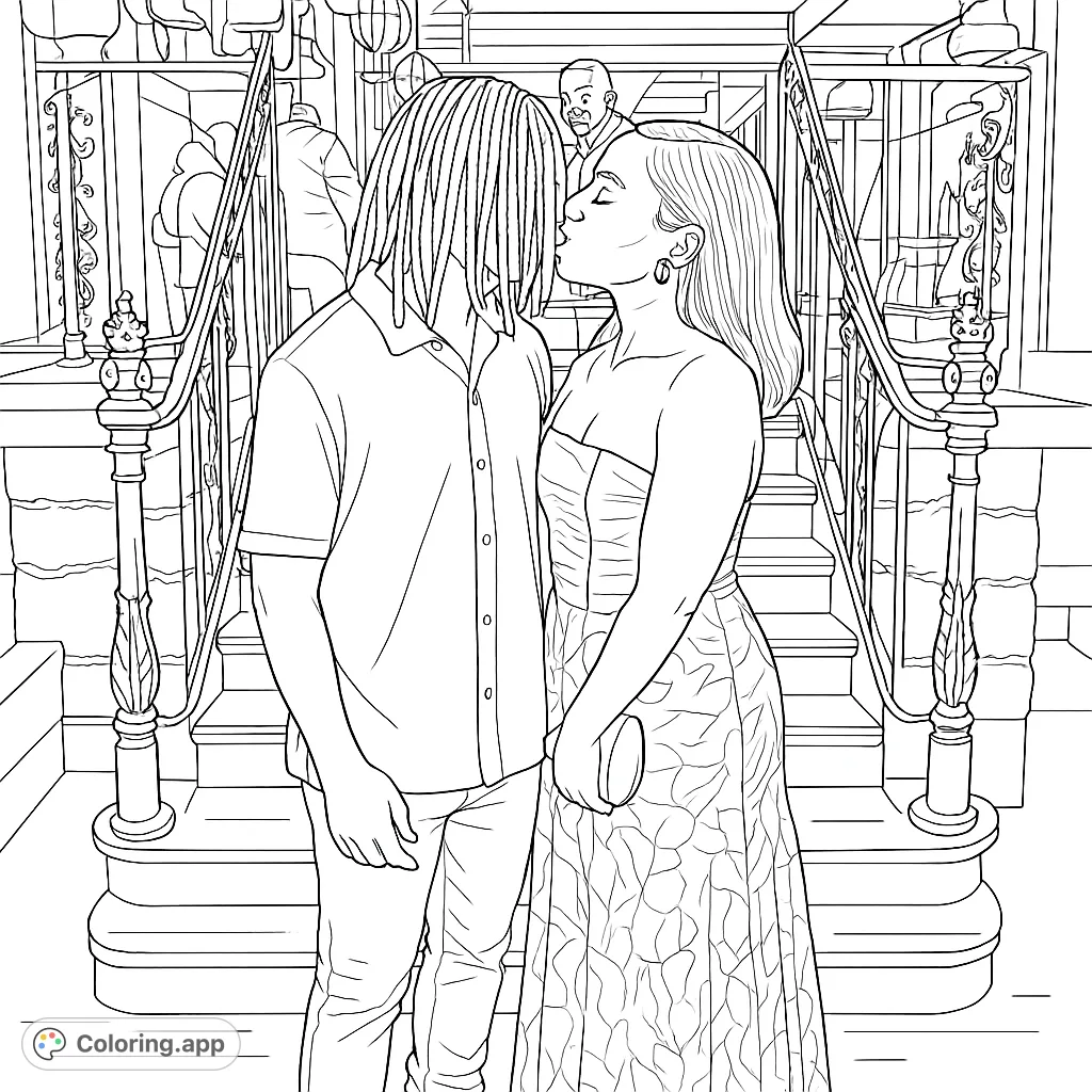 Capture a romantic moment with this elegant couple embracing on a grand staircase. Perfect for celebrating love and special occasions with a sophisticated touch.