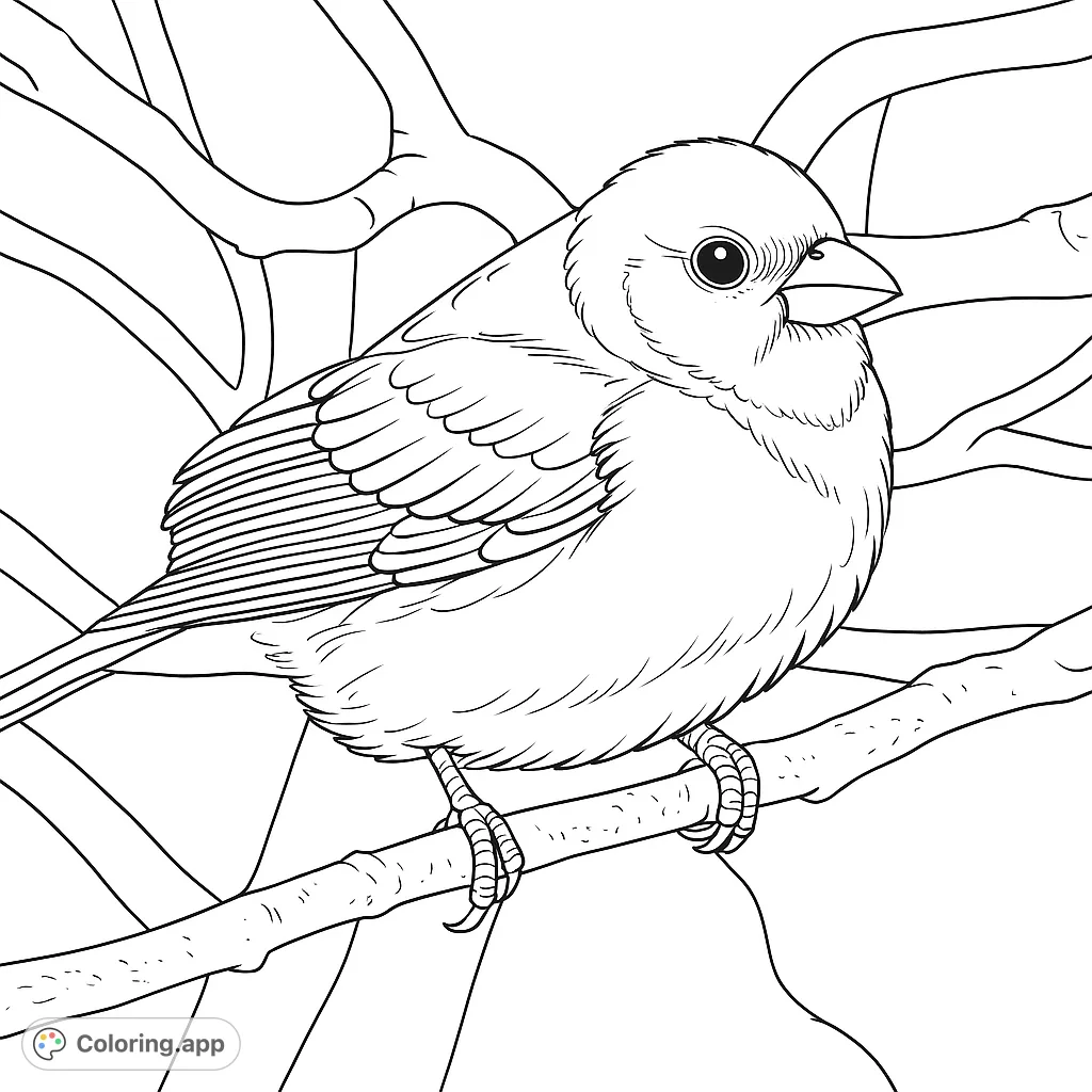 A delightful bird perches on a rustic branch, offering a charming scene for nature enthusiasts to bring to life with their favorite colors. Perfect for relaxation!