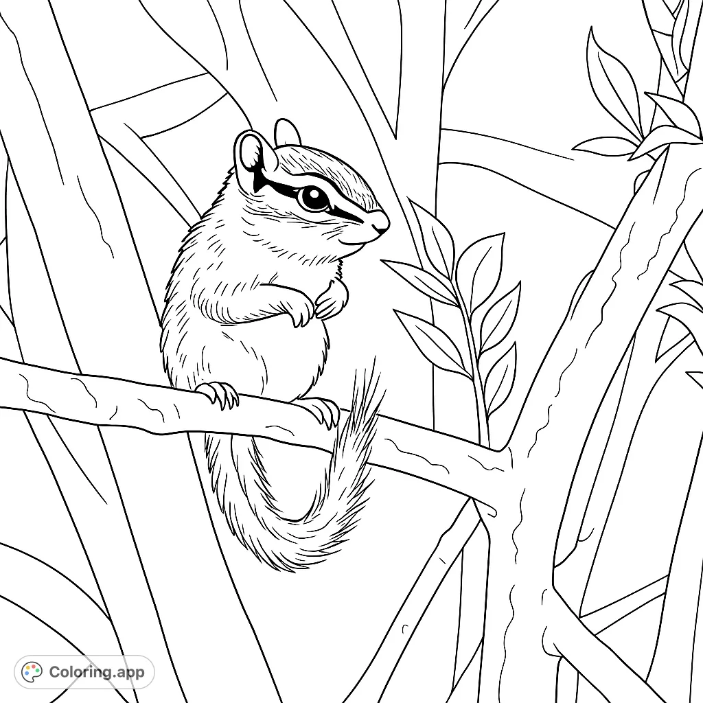 Discover this charming chipmunk coloring page! A striped forest friend poses on a branch, ready for your creative touch. Perfect for nature lovers.