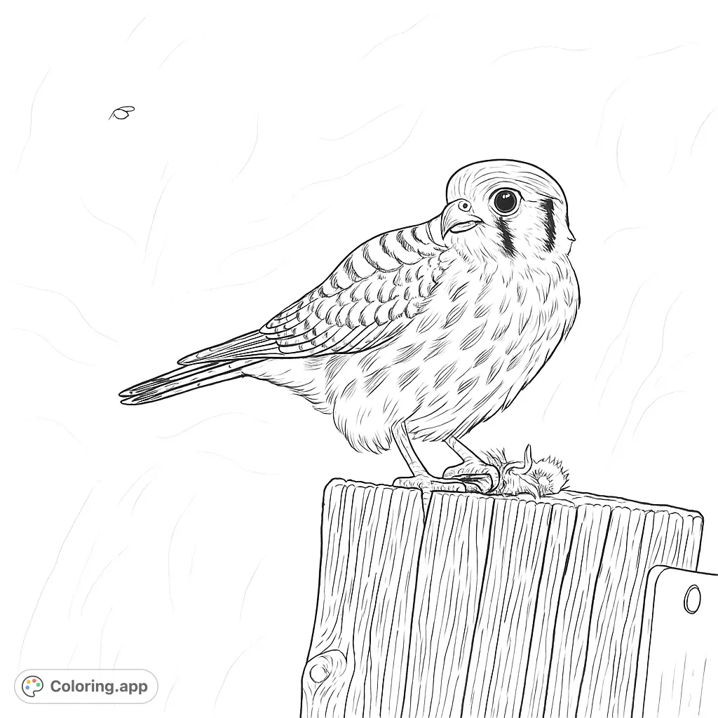 A detailed kestrel coloring page featuring a small raptor perched on a rustic wooden post, with intricate feather patterns and a subtle background.