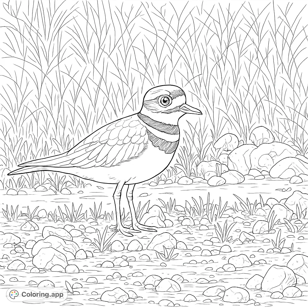 Discover a beautiful Killdeer shorebird in its natural habitat. This detailed bird coloring page offers a relaxing escape for nature lovers and bird enthusiasts.