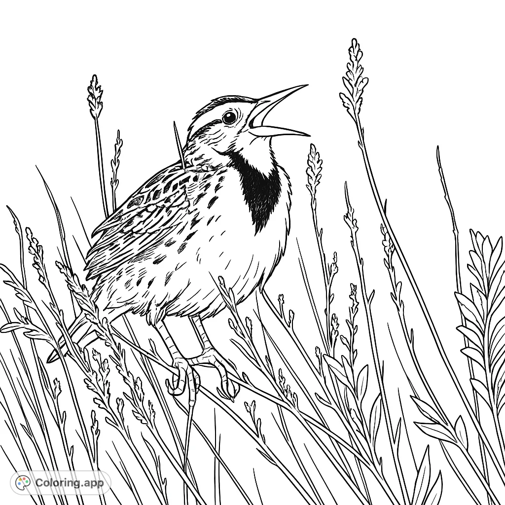 Capture the vibrant energy of a singing meadowlark perched among dry grasses. A detailed bird coloring page for nature lovers to enjoy.