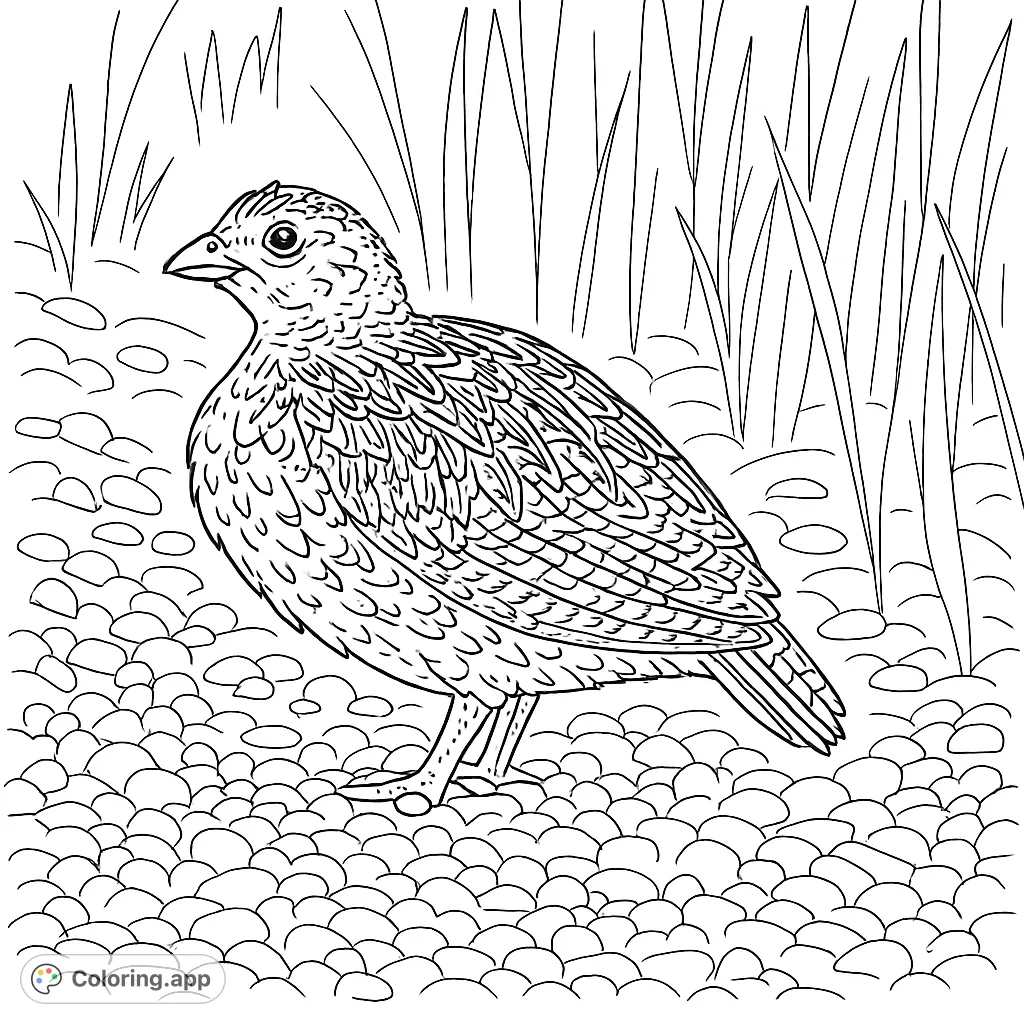 Discover a detailed wild grouse with intricate feather patterns standing on a textured gravel path. A captivating nature scene for all ages to bring to life.