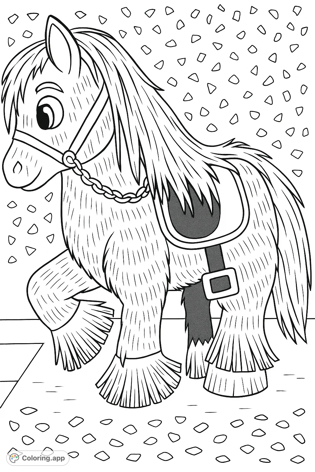 A charming horse figure with a textured body, flowing mane, and saddle, set against a leafy background. Perfect for a fun coloring adventure!