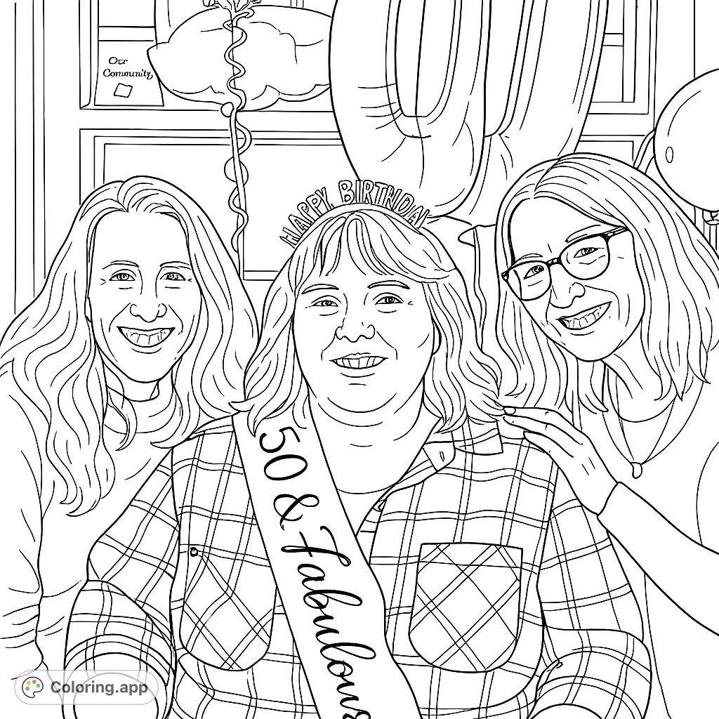 Celebrate a special birthday with three smiling friends, festive balloons, and a '50 & Fabulous' sash. A joyful scene perfect for coloring!