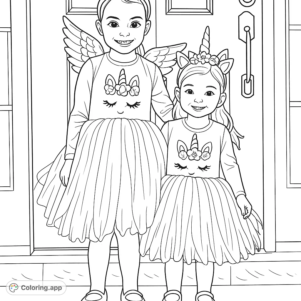 Bring these adorable unicorn sisters to life with your favorite colors! Featuring two girls in whimsical costumes with wings and layered skirts.