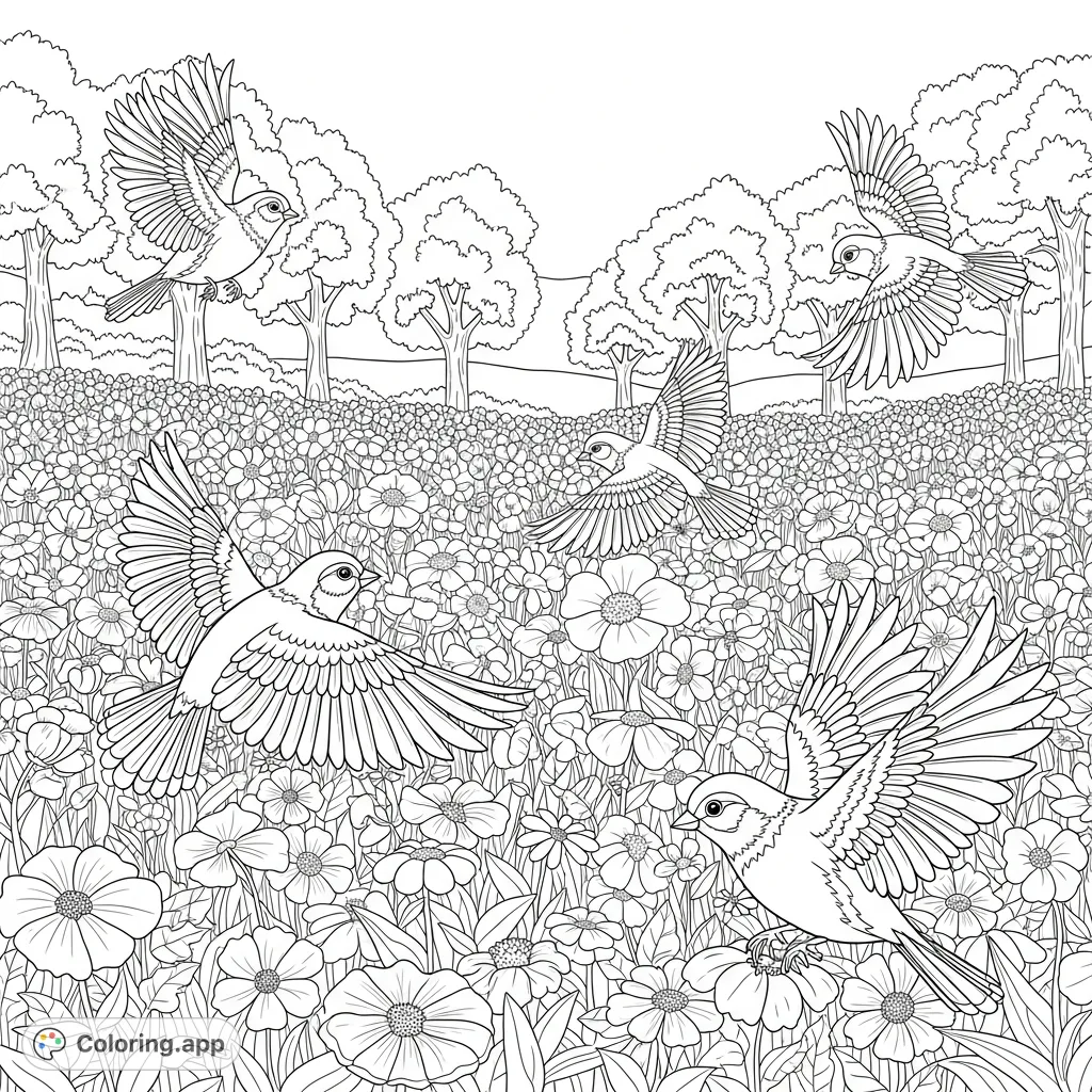 A delightful flower field scene with happy birds soaring above blooming flowers and distant trees. Perfect for nature lovers and a joyful coloring experience.