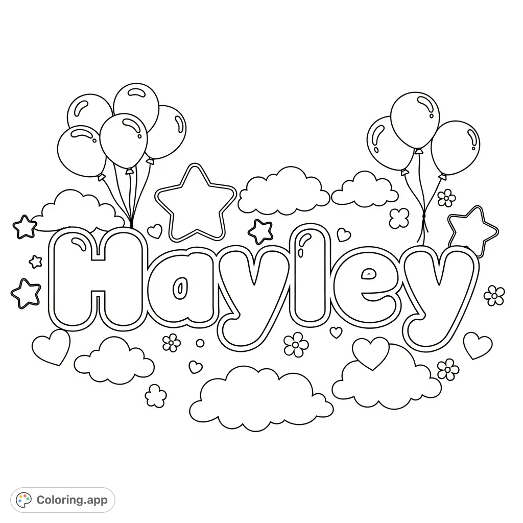A delightful "Hayley" name coloring page featuring large bubble letters surrounded by whimsical stars, fluffy clouds, balloons, hearts, and flowers for creative fun.