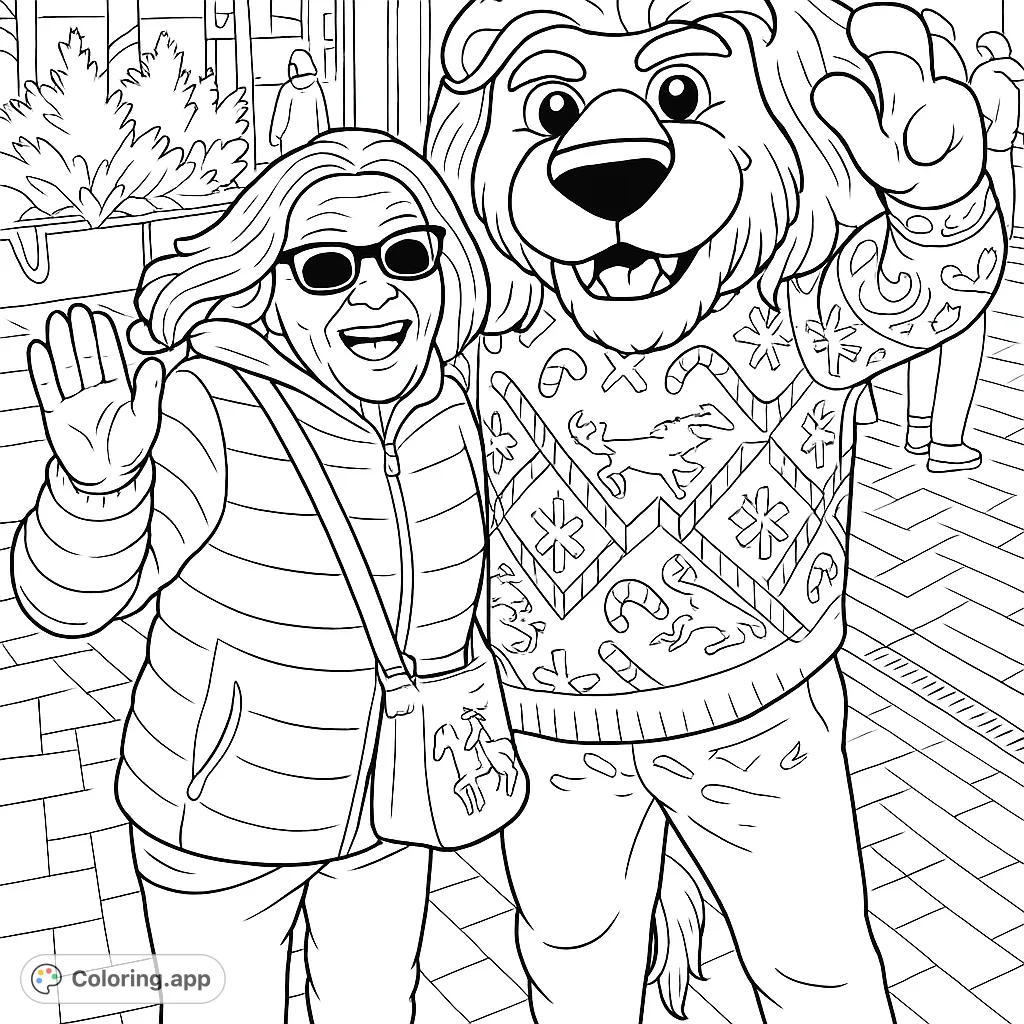 A heartwarming scene of a fan and a friendly lion mascot sharing a joyful moment. Perfect for sports enthusiasts and those who love festive, patterned designs.