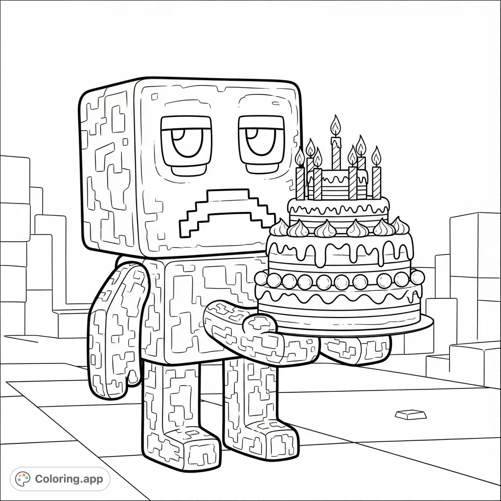 Celebrate with this Minecraft Creeper coloring page, featuring the iconic character holding a festive birthday cake with candles. Perfect for fans!