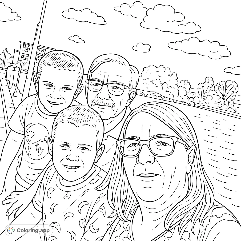 Capture warm memories with this family portrait coloring page. Four individuals, two adults and two children, enjoy an outdoor setting by the water.