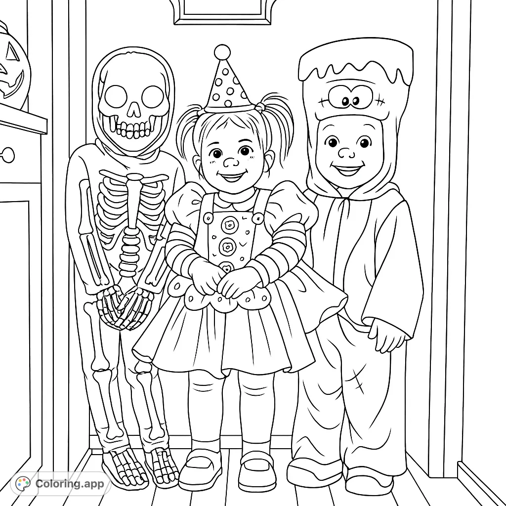 Three adorable children in festive Halloween costumes: a skeleton, a cheerful clown, and a friendly monster. Perfect for spooky season fun!
