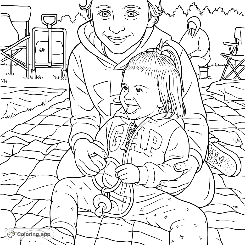 Capture a heartwarming outdoor scene with two happy siblings on a patterned quilt. Features a smiling boy holding his laughing younger sister with glowing accents.