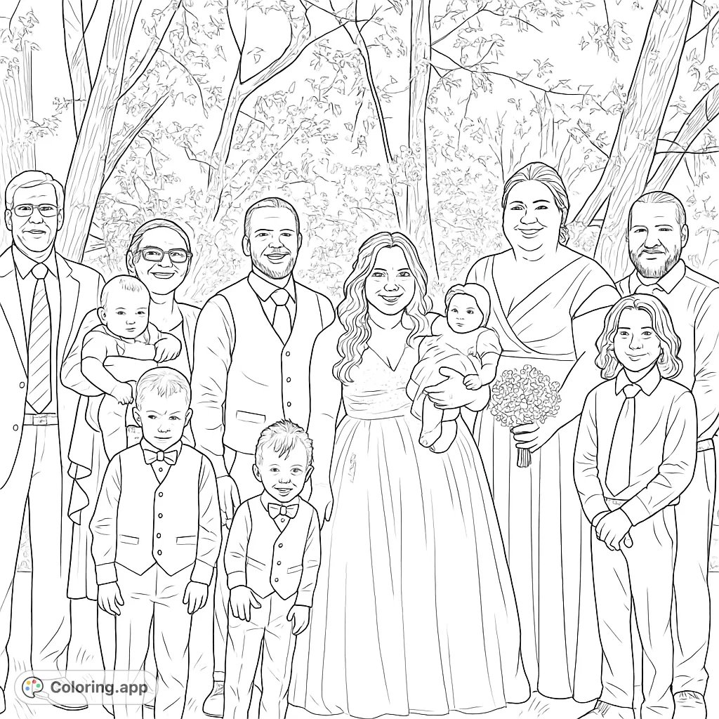 Capture a beautiful family celebration with this detailed coloring page featuring a large group, including a couple in wedding attire and infants, set outdoors.