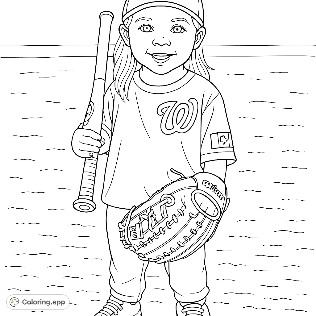 A delightful coloring page featuring a cheerful young child in full baseball gear, holding a bat and glove, ready for a fun day on the field. Perfect for aspiring athletes!
